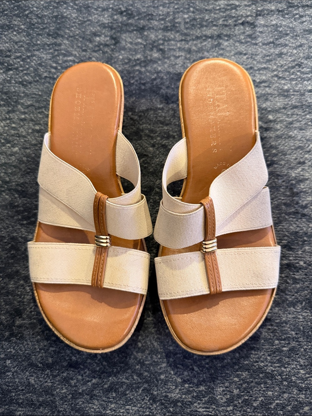 Beige Elastic Strap Slide Sandals - Women
